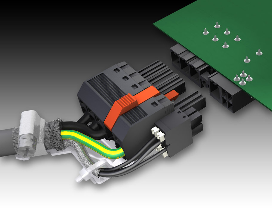Connecteurs OMNIMATE POWER HYBRID SV/BVF 7.62 pour cartes électronique. – En une seule opération, ces connecteurs permettent de raccorder les lignes alimentation et signaux, ainsi que le blindage tressé des câbles hybrides